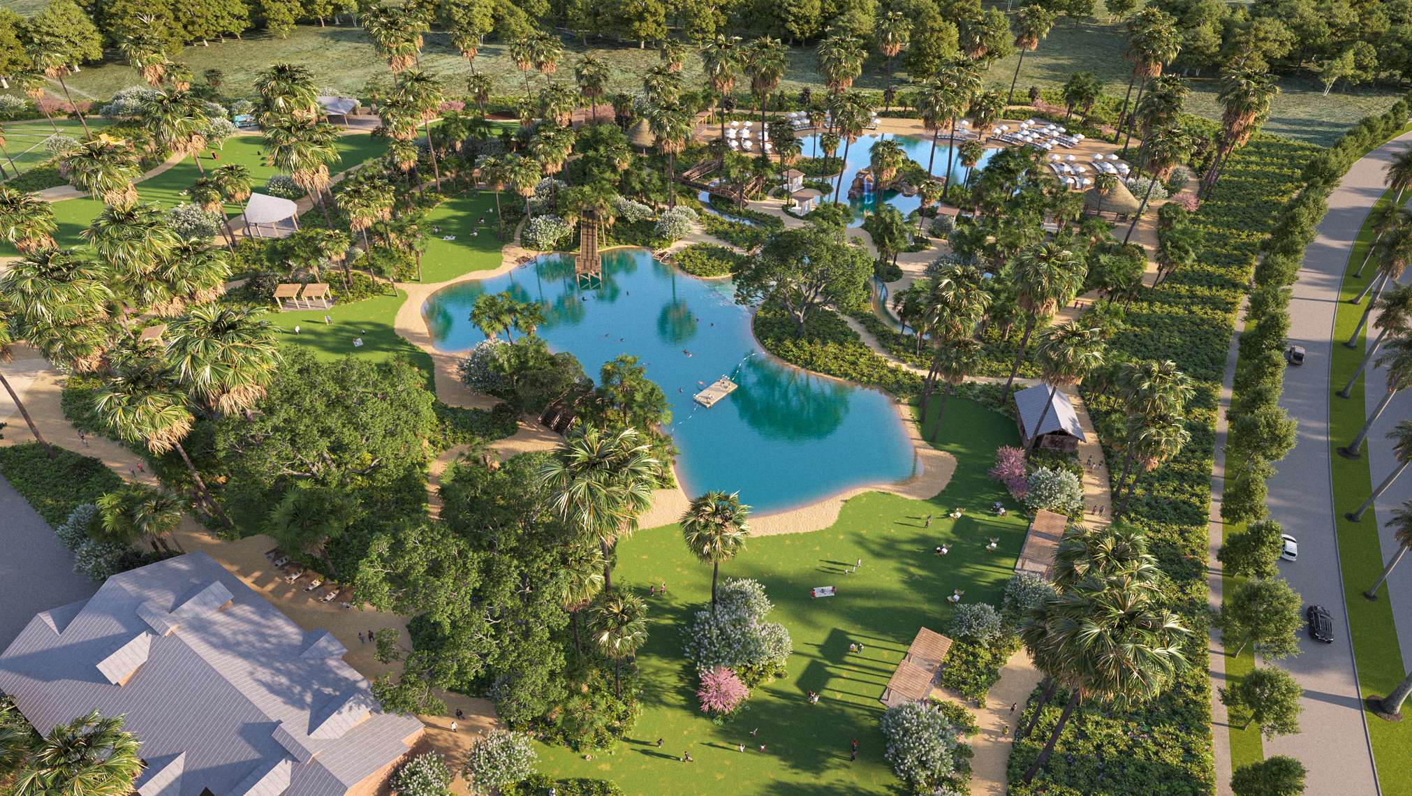Aerial view of ViaTerra community with lakes, trails, and green spaces