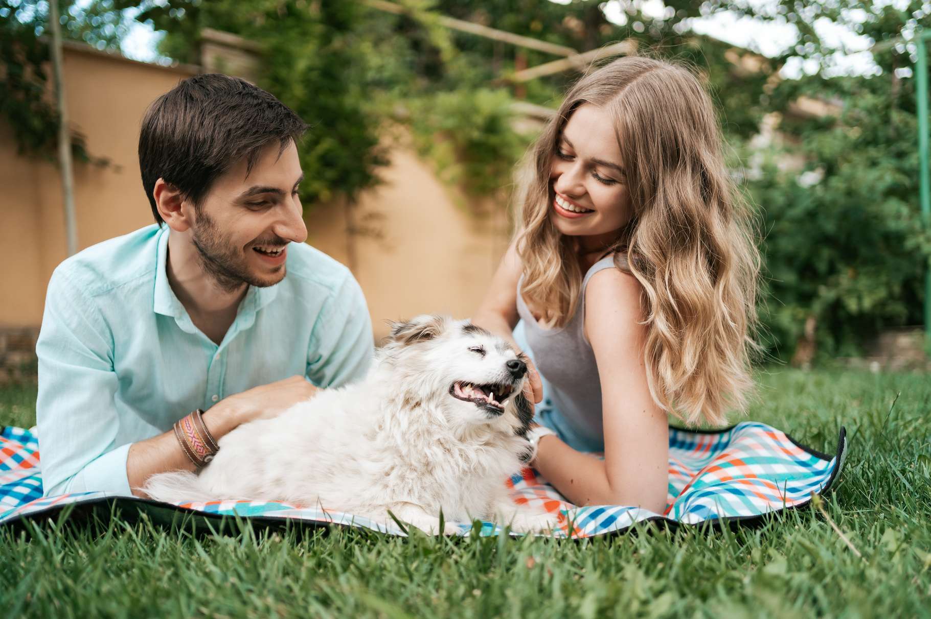 Couple relaxing outdoors with their dog in a lush green setting
