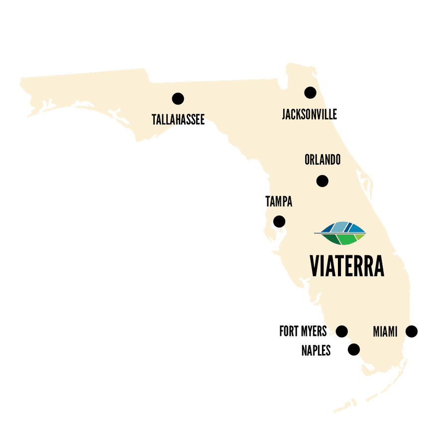 Map of Central Florida showing ViaTerra's location in Lake Wales near Orlando, Tampa, and Lakeland